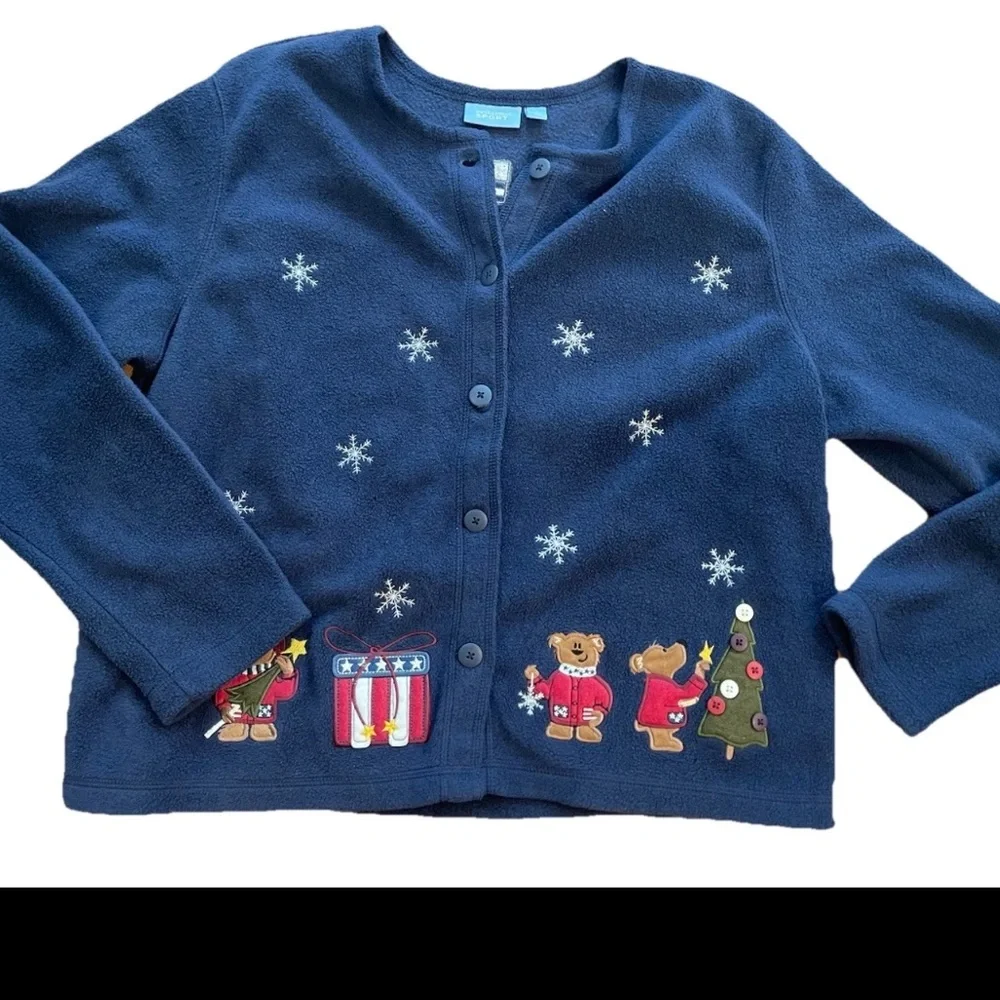 Croft & Barrow ladies navy blue appliquéd Christmas‎ button up jacket size large